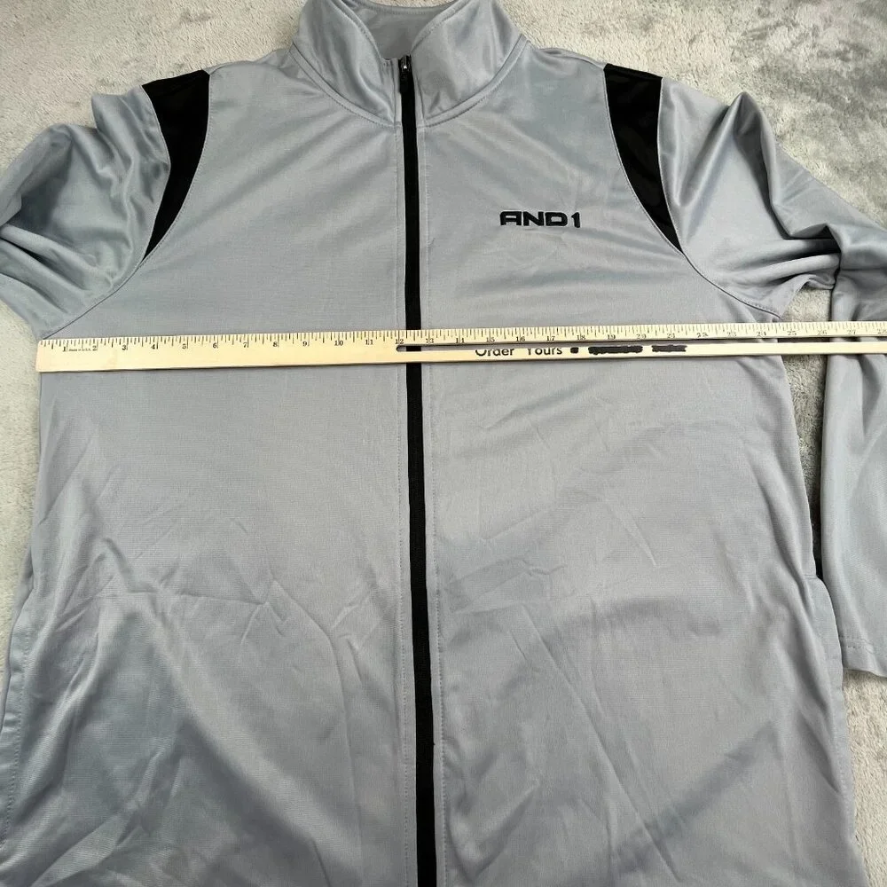 AND1 Jacket Mens XL Gray Full Zip Athletic Warm Up Track Top Basketball Stretch